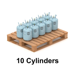 R-134A refrigerant cylinders (10 count) arranged on a wooden pallet, eco-friendly refrigerant for vehicle cooling systems