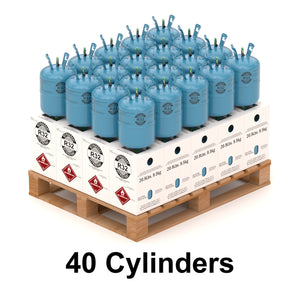 40 R-32 refrigerant cylinders stacked on a wooden pallet with outer packaging boxes, ideal for bulk HVAC supply chain logistics