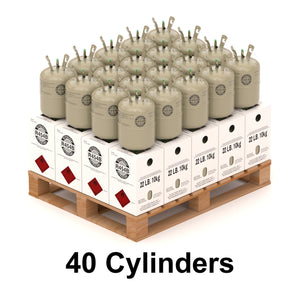 40 cylinders of R-454B freon refrigerant, each weighing 22 pounds, are stacked on wooden pallets with outer packaging, suitable for commercial refrigeration systems with low Global Warming Potential (GWP).