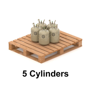 5 x 22LB R-454B Freon Refrigerant Gas cylinders on a wooden pallet, ideal for modern low-GWP HVAC systems
