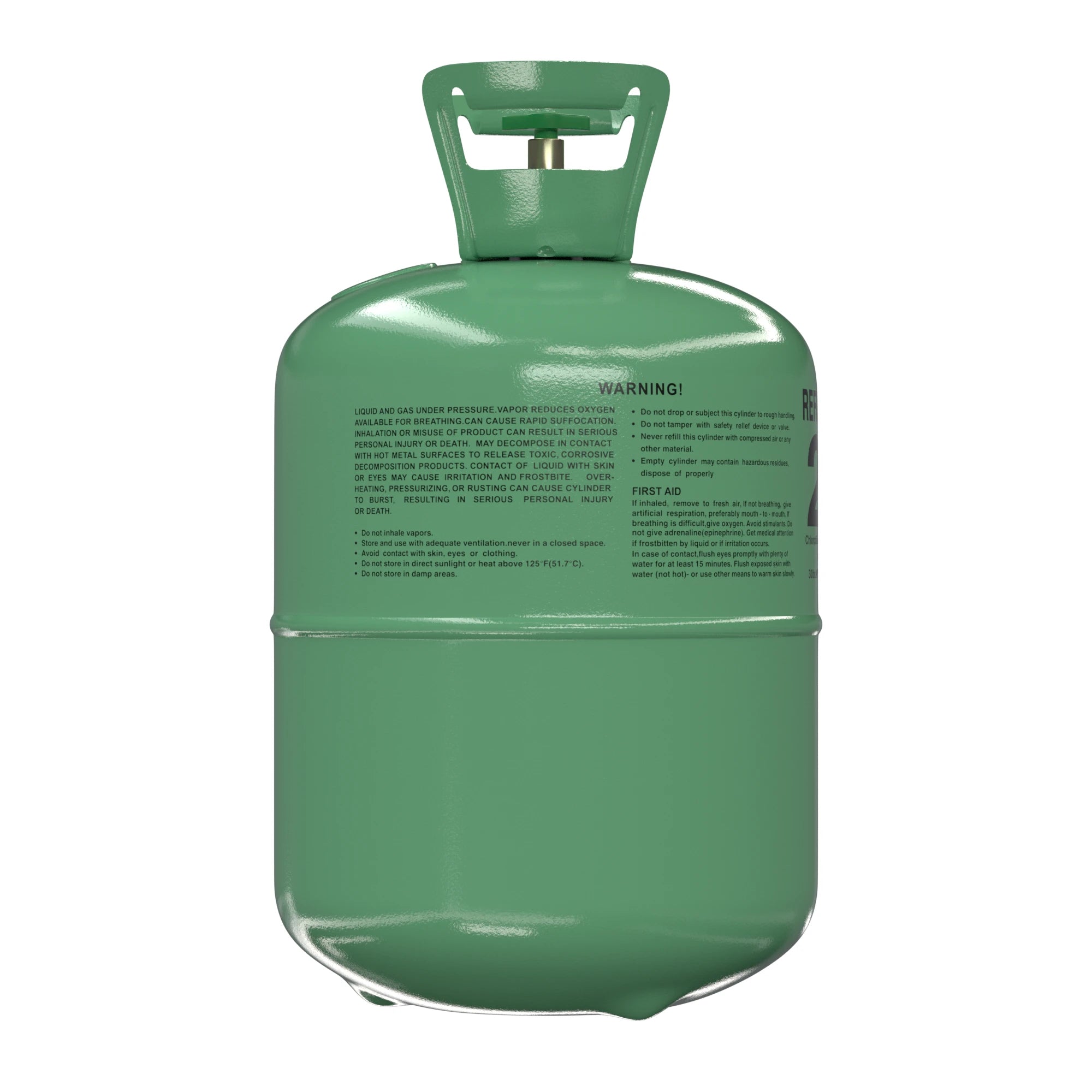 3D rendered side view of 30lb R22 Freon refrigerant cylinder with safety warning labels for legacy HVAC maintenance