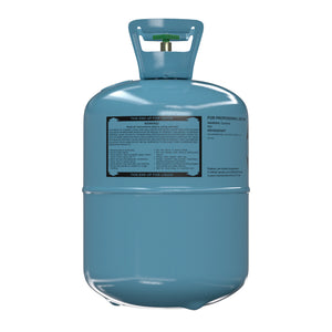 3D rendered side view of 20.9lb R32 refrigerant cylinder with liquid/vapor usage instructions for modern high-efficiency HVAC retrofits
