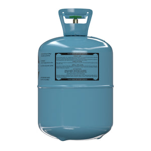3D rendered side view of 20.9lb R32 refrigerant cylinder with safety warning labels for modern high-efficiency HVAC installations