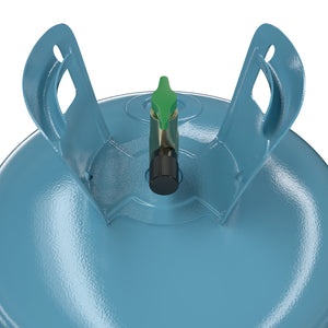 3D rendering close-up top view of a 20.9 lb R32 refrigerant cylinder valve (with protective handle) for modern high-efficiency HVAC systems