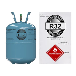 3D rendered front view of 20.9lb R32 refrigerant cylinder and packaging with UN 3252 flammable gas label for modern high-efficiency HVAC installations