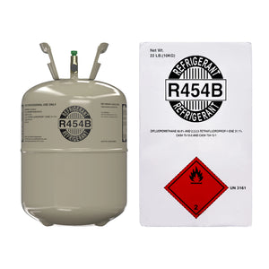 3D rendered front view of 22lb R454B refrigerant cylinder and packaging with UN 3161 flammable gas label for modern high-efficiency HVAC systems