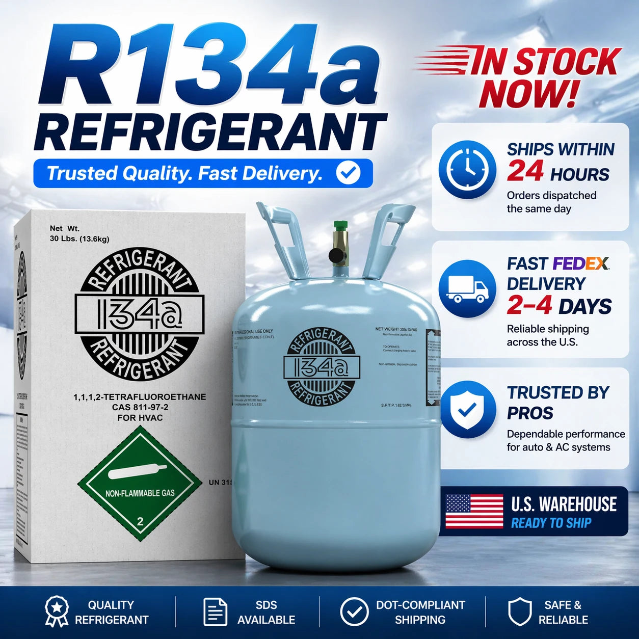 R134a refrigerant 30 lb cylinder 1,1,1,2-tetrafluoroethane HVAC gas in stock USA fast delivery | Refrigerant Lab