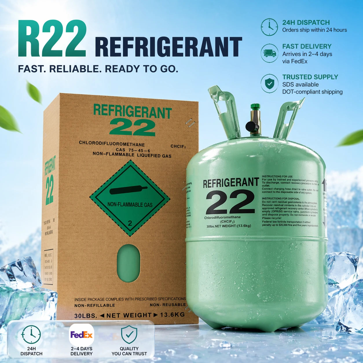 R22 refrigerant 30lb cylinder with packaging box – fast shipping HVAC supply | Refrigerant Lab