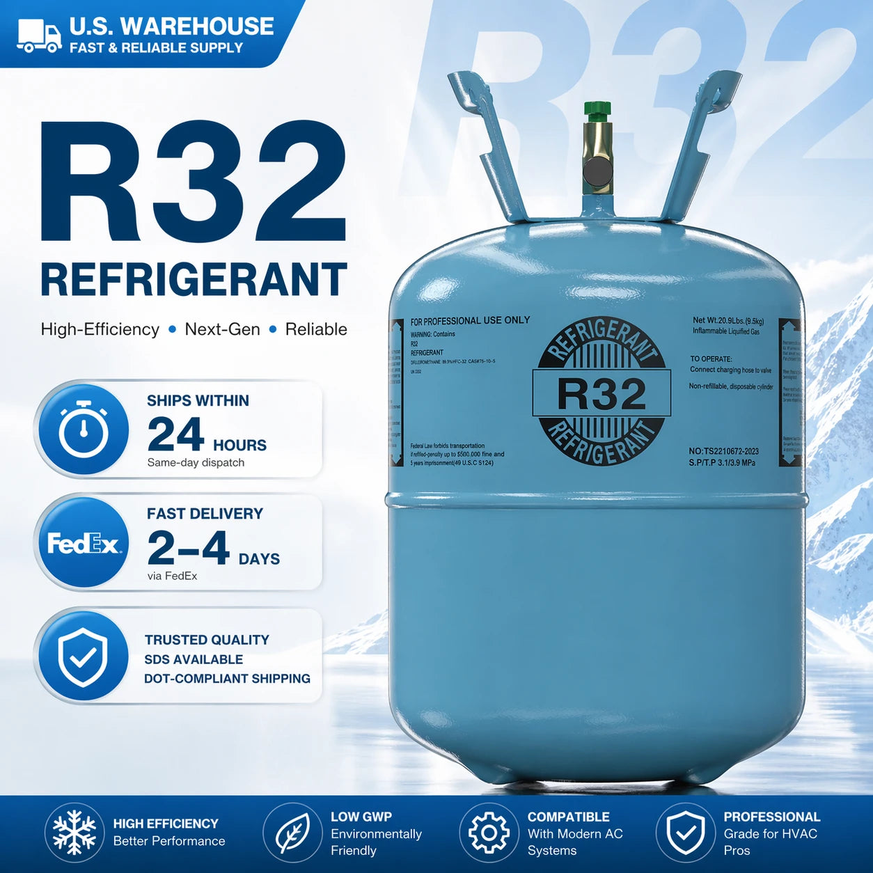 R32 refrigerant for modern AC systems 30lb cylinder Refrigerant Lab USA supplier fast shipping EPA compliant DOT shipping