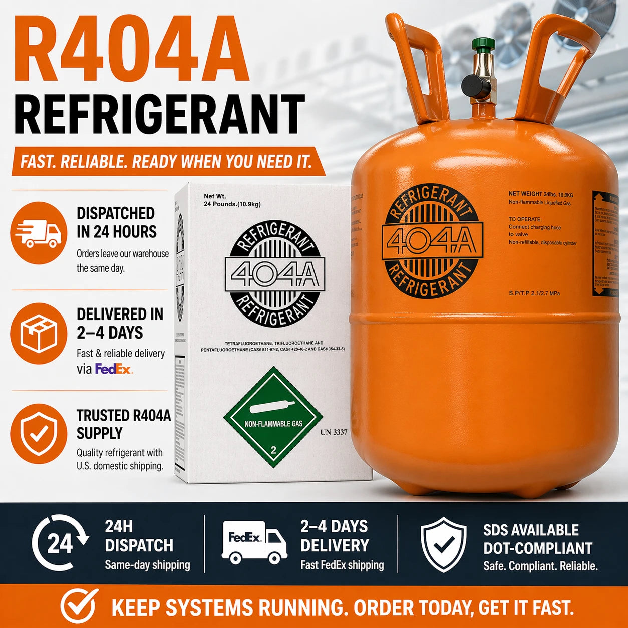 Buy R404A refrigerant 24 lb tank online – Refrigerant Lab USA warehouse, 24h dispatch, fast FedEx delivery, reliable supply