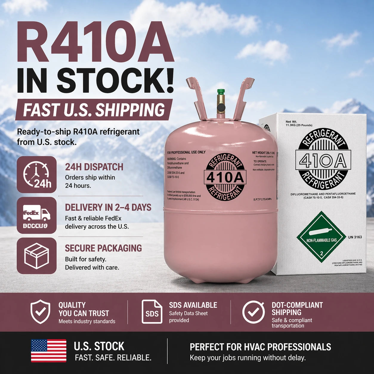 R410A refrigerant 25 lb cylinder HVAC gas ready to ship from US stock fast delivery | Refrigerant Lab